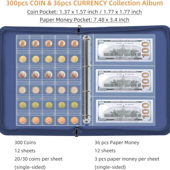 Coin Collection Book Holder for Collectors, 300 Pockets Fireproof Coins Collecti - Picture 4 of 6